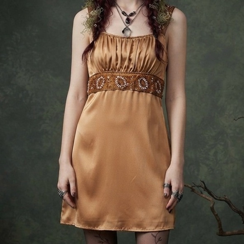 y2k women‎ babydoll dress small brown forest fairy beaded milkmaid satin boho
